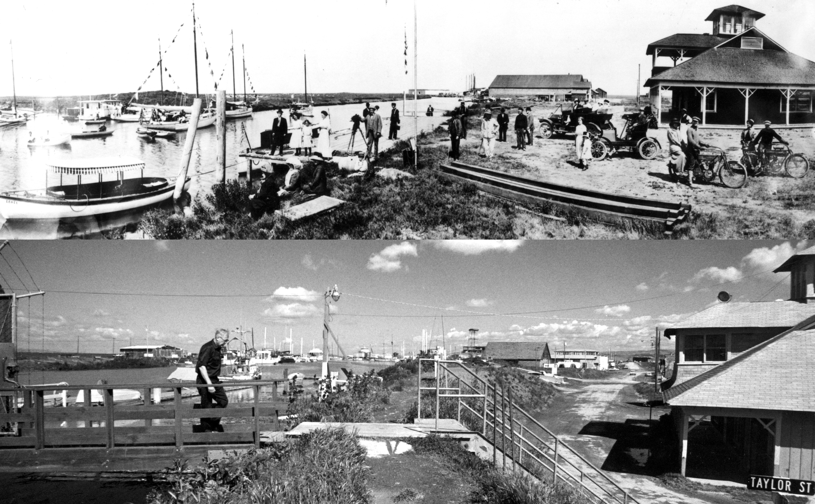 Levees prevent bay flooding at the Alviso Marina where the land sank more than six feet from subsidence between the early 20th century (top photo) and 1970s (bottom photo). 