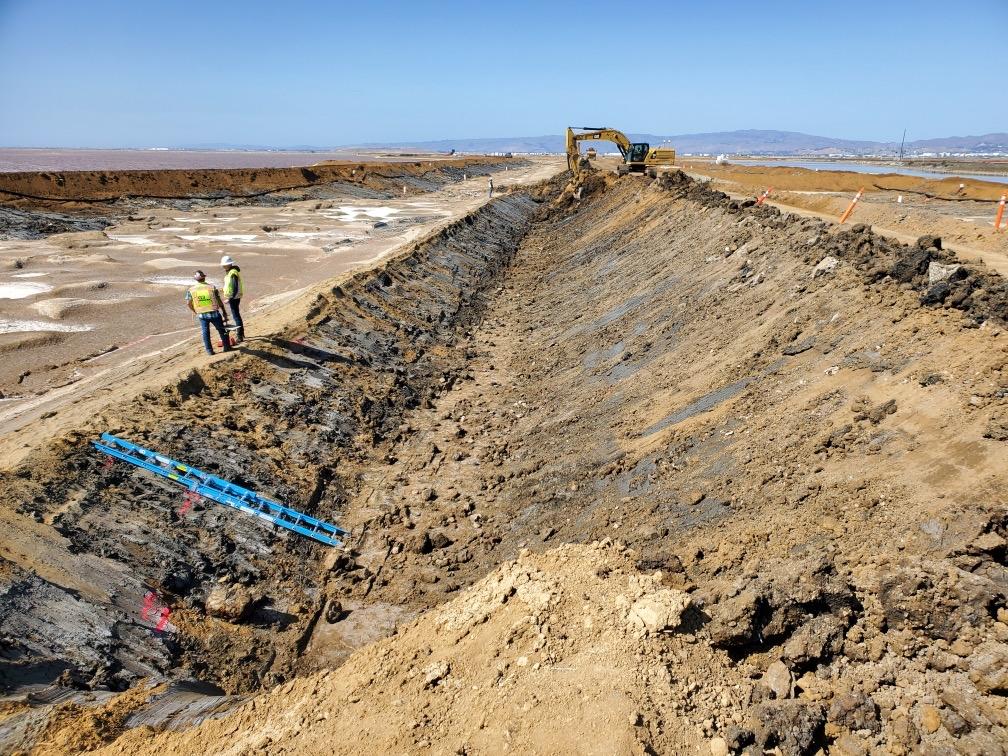 Crews remove bay mud along the surface of the new levee at Pond A12