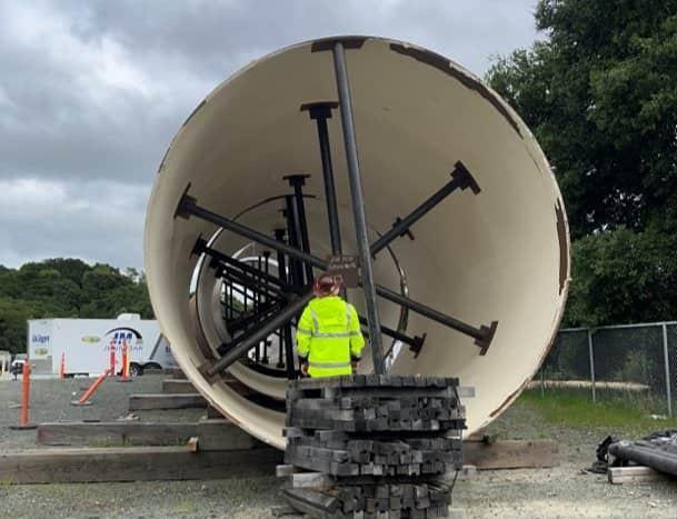 A view of the 13-foot diameter pipe, waiting to be installed. Workers began installing the pipe in April 2026.