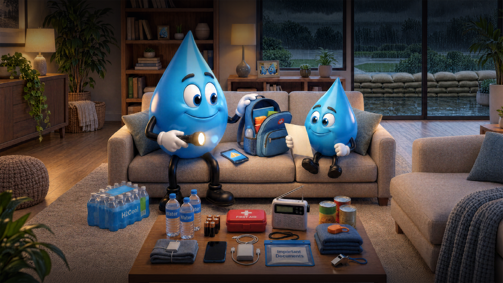 Two water drop characters preparing for a flood
