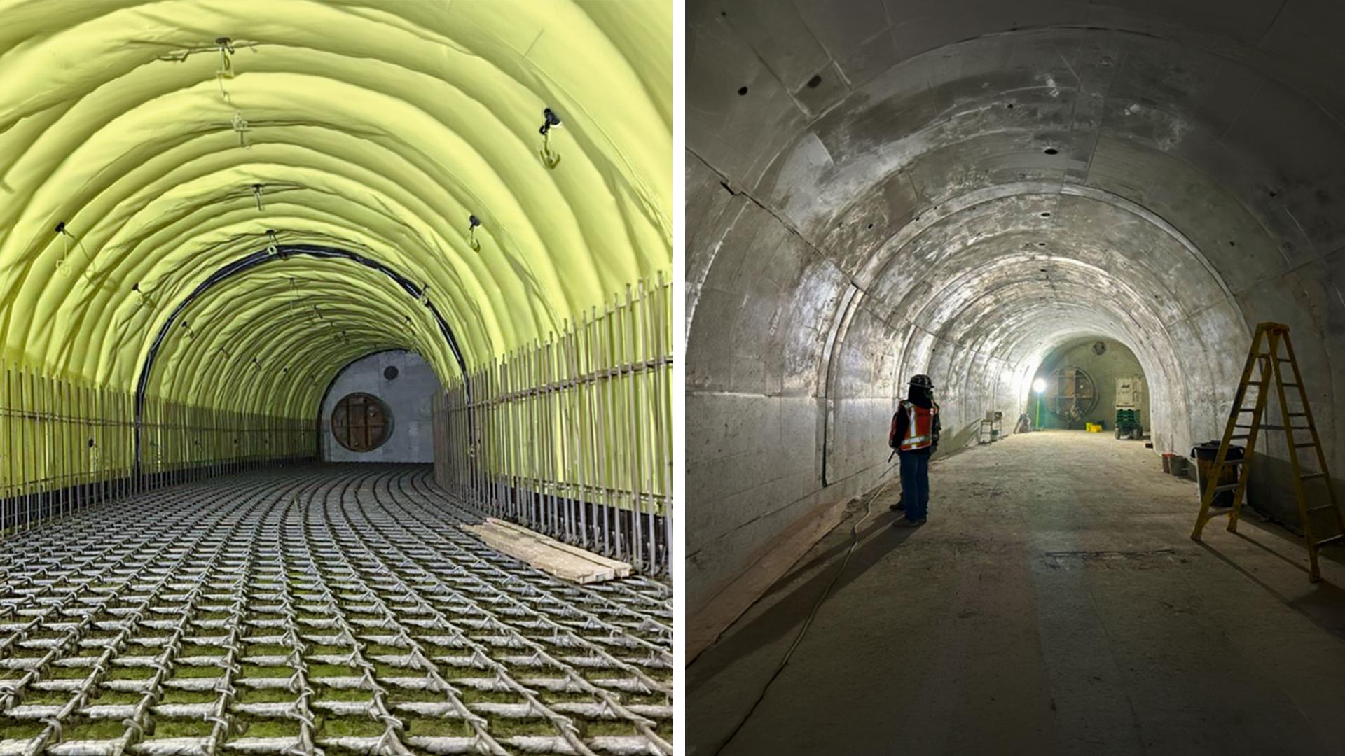 Side-by-side images at the end of the tunnel. On the left, the yellow waterproofing and steel reinforcement in progress in September 2025. On the right, a 2-foot-thick section of concrete encasing the reinforcement was completed in February 2026.
