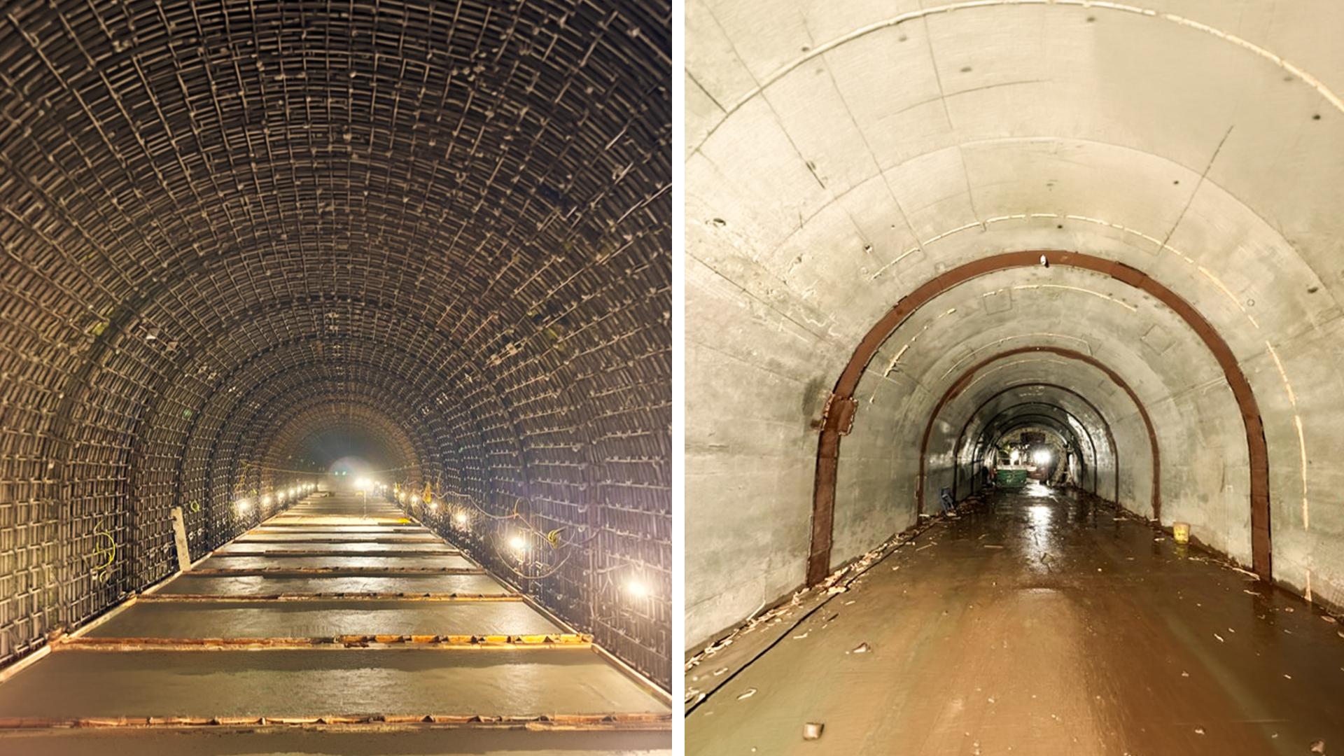 Side-by-side images of heavily reinforced articulated joints within the tunnel, which will function as a seismic protection system during an earthquake. On the left, concrete was placed for the tunnel floor invert. On the right, concrete is placed for walls, arches, and colored concrete in the articulated joint gaps.