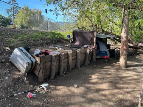 Before and after photos from Guadalupe Creek encampment cleanup.