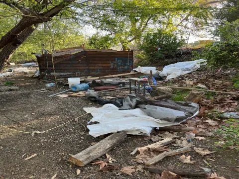 Before and after photos from Guadalupe Creek encampment cleanup.