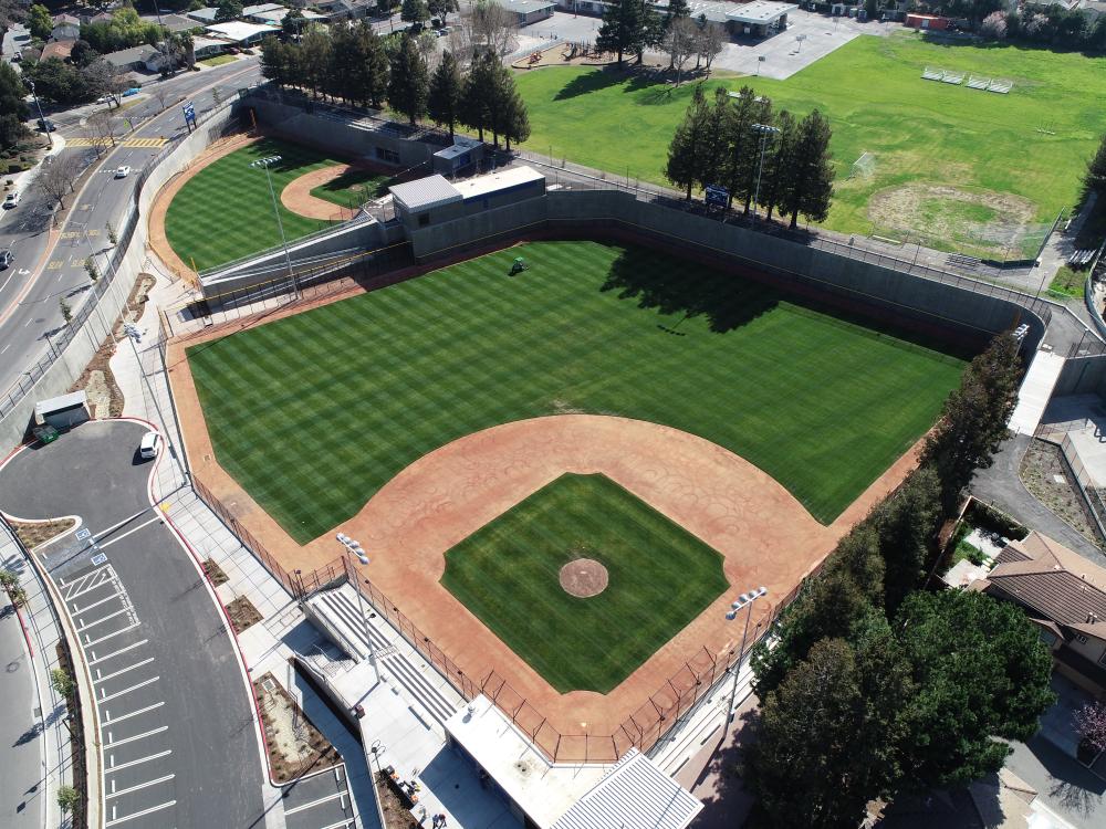 Completed dual-purpose detention basin at McKelvey Park in Mountain View, CA.