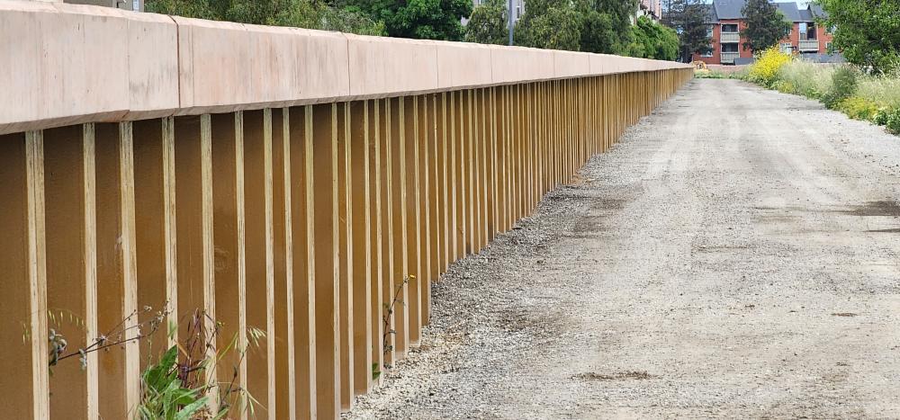 Installed sheet piles, which serve as flood walls to protect the surrounding community from flooding, on the west bank of Lower Penitencia Creek.